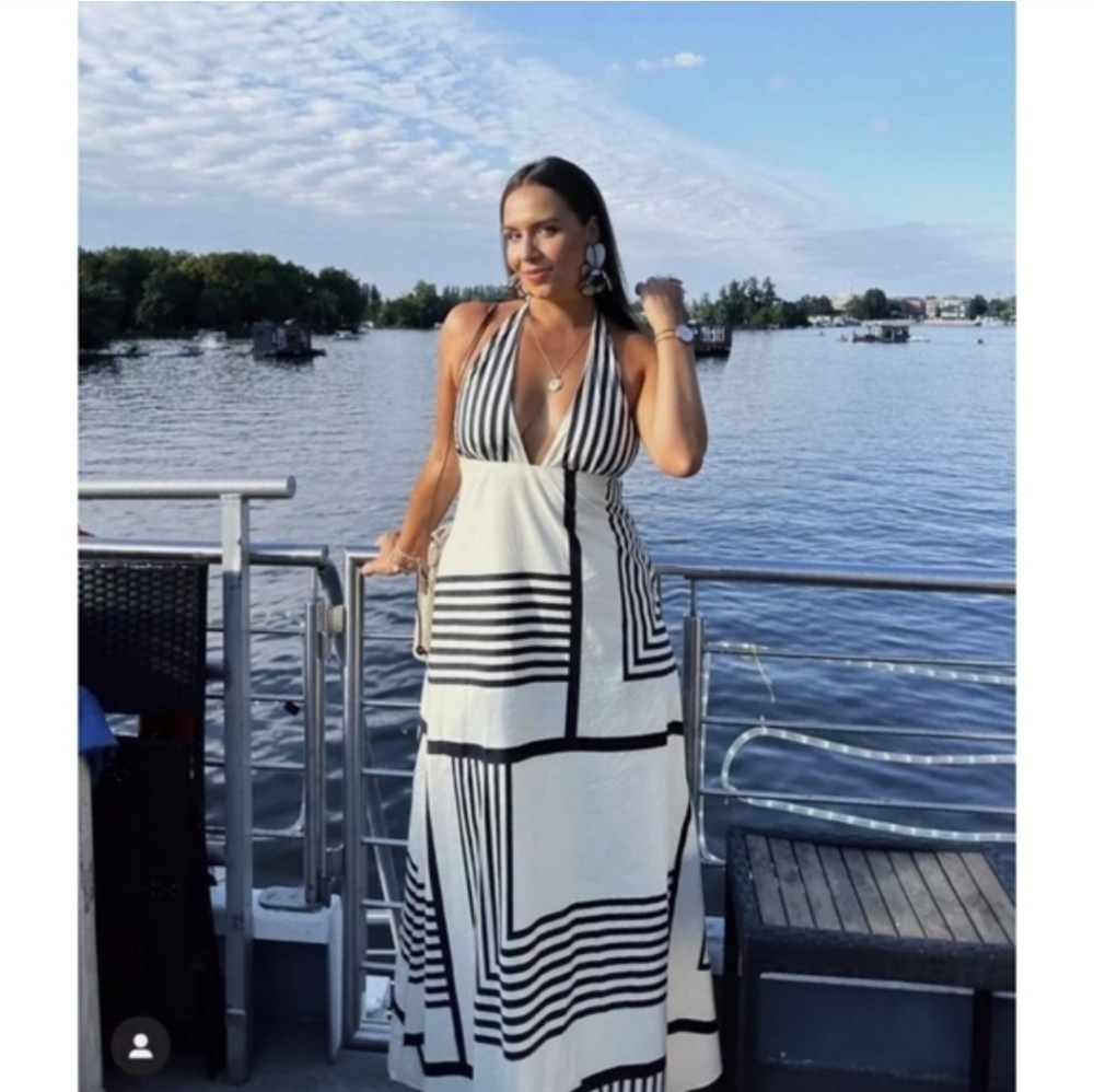Zara Cotton Dress Halter Black Cream Maxi Size M - Picture 16 of 16